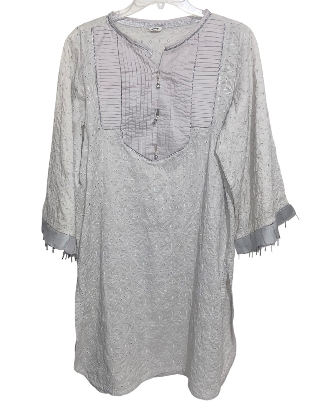 Sapphire Tunic Kurta Womens Large Pakistani Top Eyelet Lace Pleated Beaded Boho